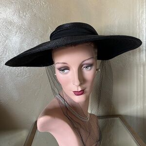 SUMPTUOUS 1940s' BLACK STRAW WIDE BRIM HAT WITH VEILING